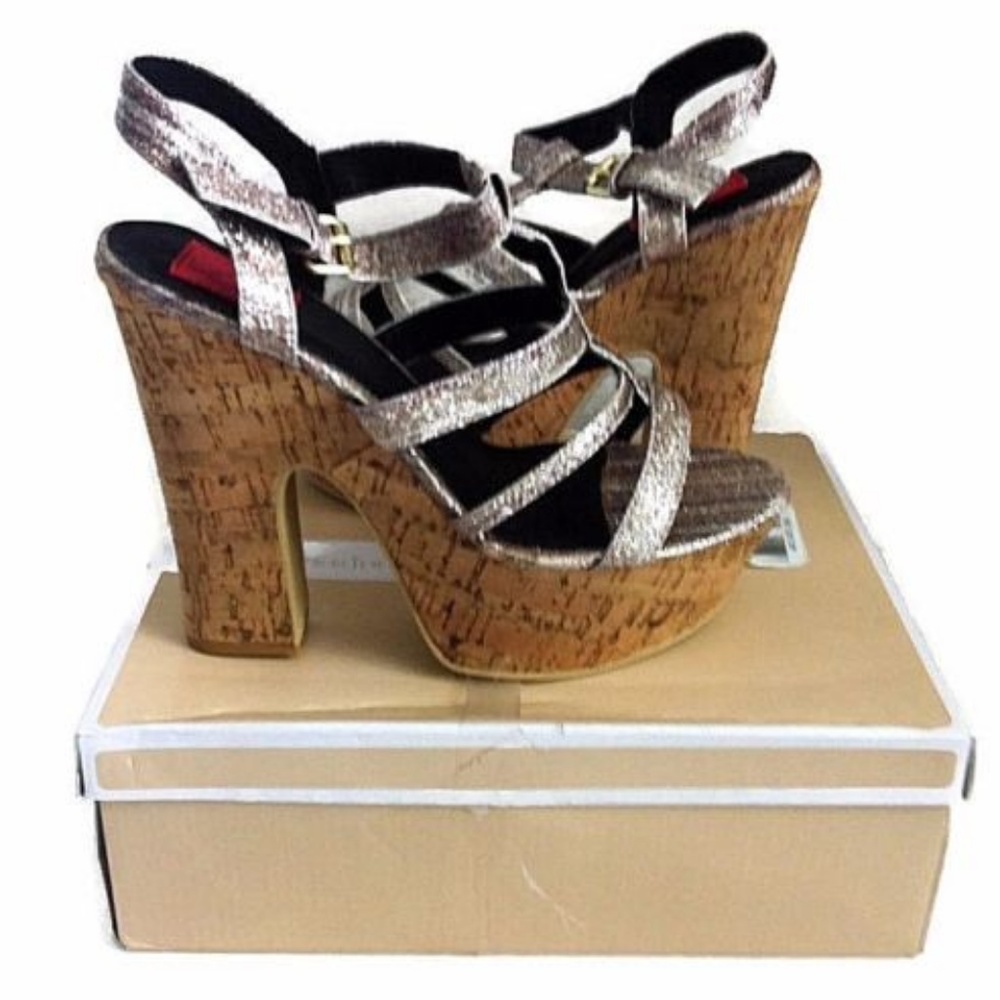 Farenheit Yes 07 Open Toe Cork Heels 8.5 Silver